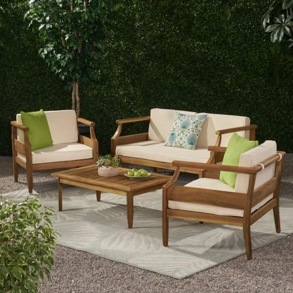 Teak and Beige 4-Seater Wood Outdoor Lounge Set with Cream Cushions (4-Piece)​