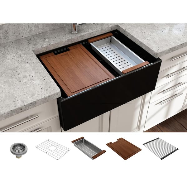 BOCCHI Contempo Workstation 27 in. Farmhouse Apron-Front Single Bowl Black Fireclay Kitchen Sink with Accessories