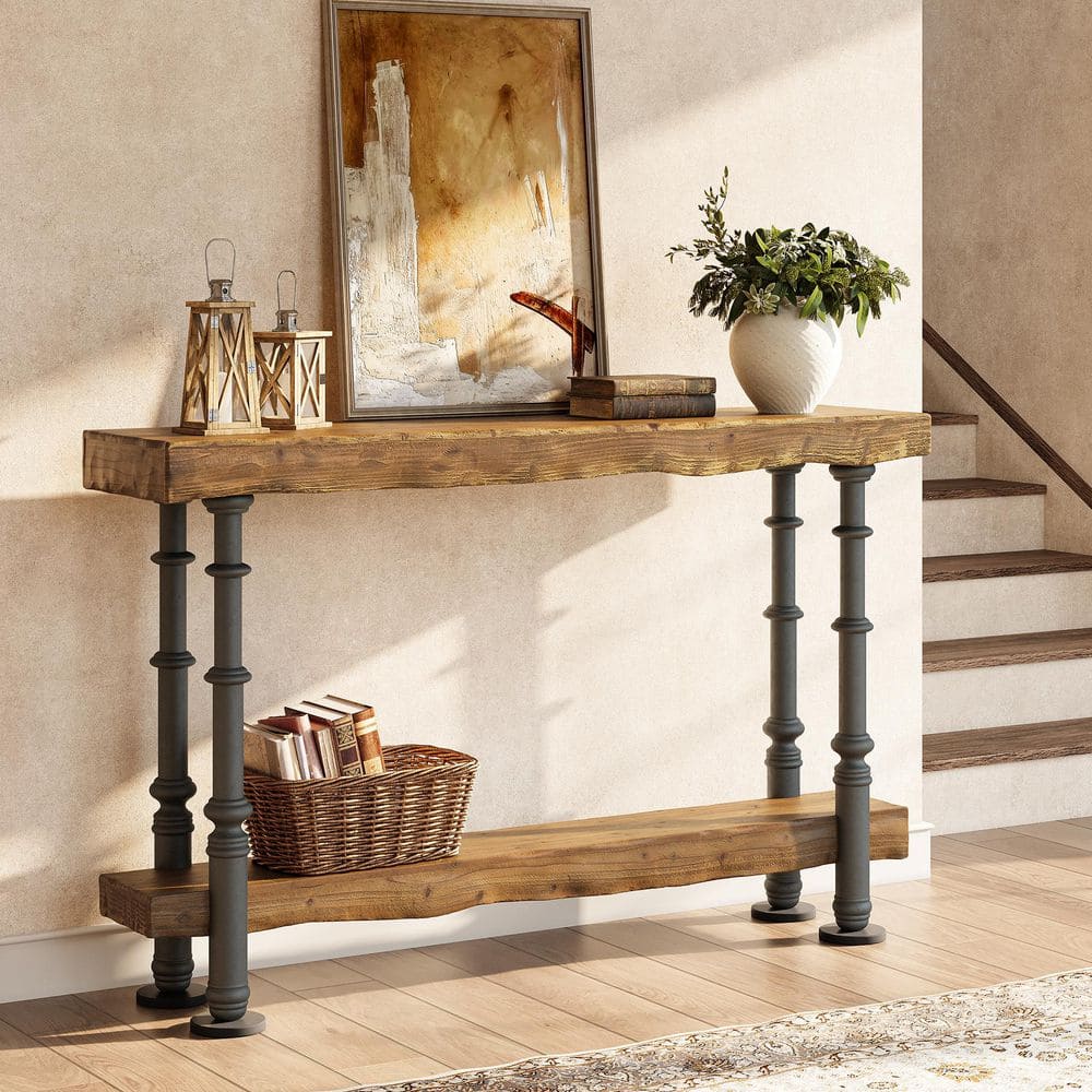 Turrella 55 in. Brown Rectangle Solid Wood Console Table, Farmhouse 2-Tier Entryway Table