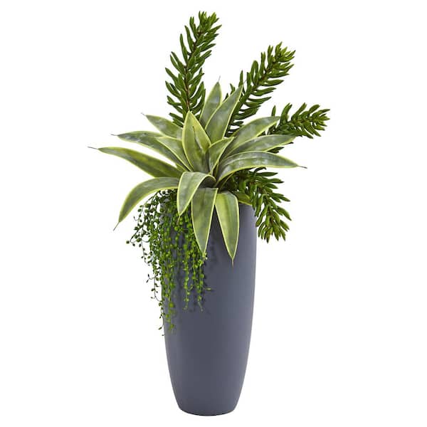 Nearly Natural 33 in. Sansevieria and Succulent Artificial Plant in Gray Planter