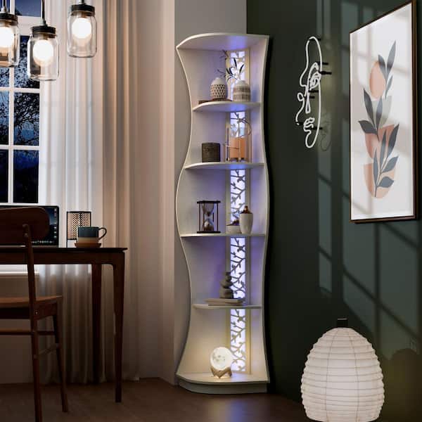 Furniture of America Lenard 73.3 in. Tall Cream Weave Engineered Wood 5-Shelf Corner Bookcase With Light