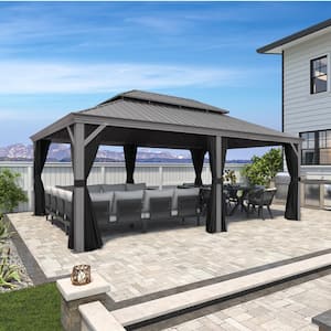 14 ft. x 20 ft. Light Gray Patio Outdoor Gazebo for Backyard Hardtop Aluminum Frame with Upgrade Curtain and Netting