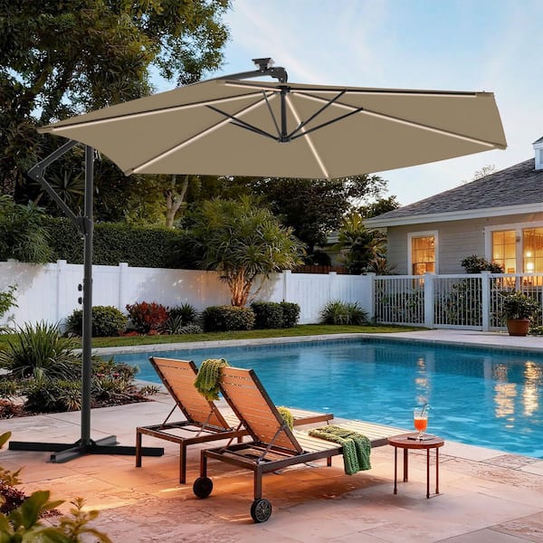 10 ft aluminum pole cantilever solar patio umbrella 10' Solar Cantilever Umbrella - LED Lights & UV Protection