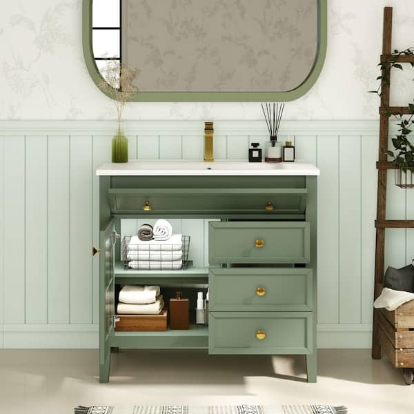 36 in. Freestanding Green Bath Vanity with White Ceramic Top Bathroom Cabinet with Motion-Sensor Light Unassembled