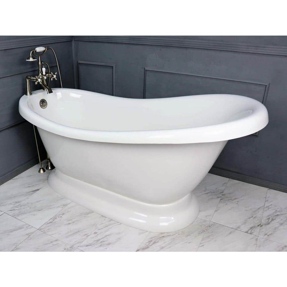 American Bath Factory 71 in. AcraStone Acrylic Slipper Pedestal Flatbottom Non-Whirlpool Bathtub and Faucet in Satin Nickel, White/Satin Nickel -  BA-SPD71-900ASN