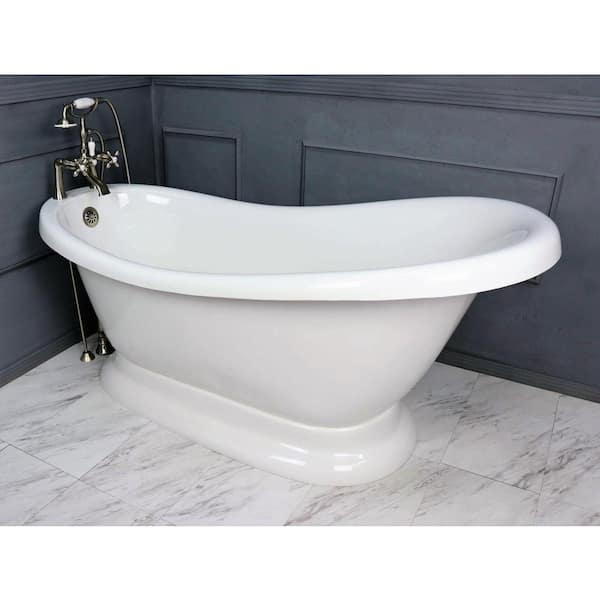 American Bath Factory 71 in. AcraStone Acrylic Slipper Pedestal Flatbottom Non-Whirlpool Bathtub and Faucet in Satin Nickel