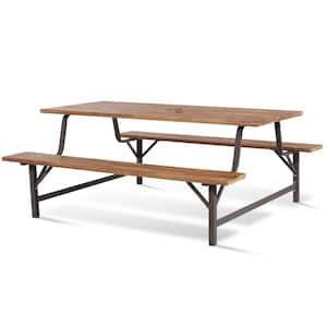 71 in. Wood Outdoor Picnic Table Bench Set Camping Table Set with Wood Tabletop and Seat 2 in. Umbrella Hole