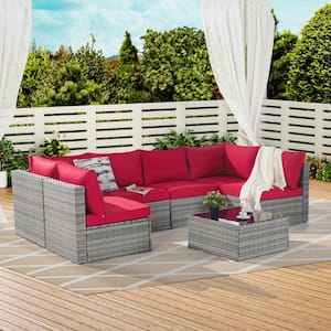 7-Piece Rattan Wicker Outdoor Sectional Set with Tempered Glass Coffee Table Set and Red Cushions