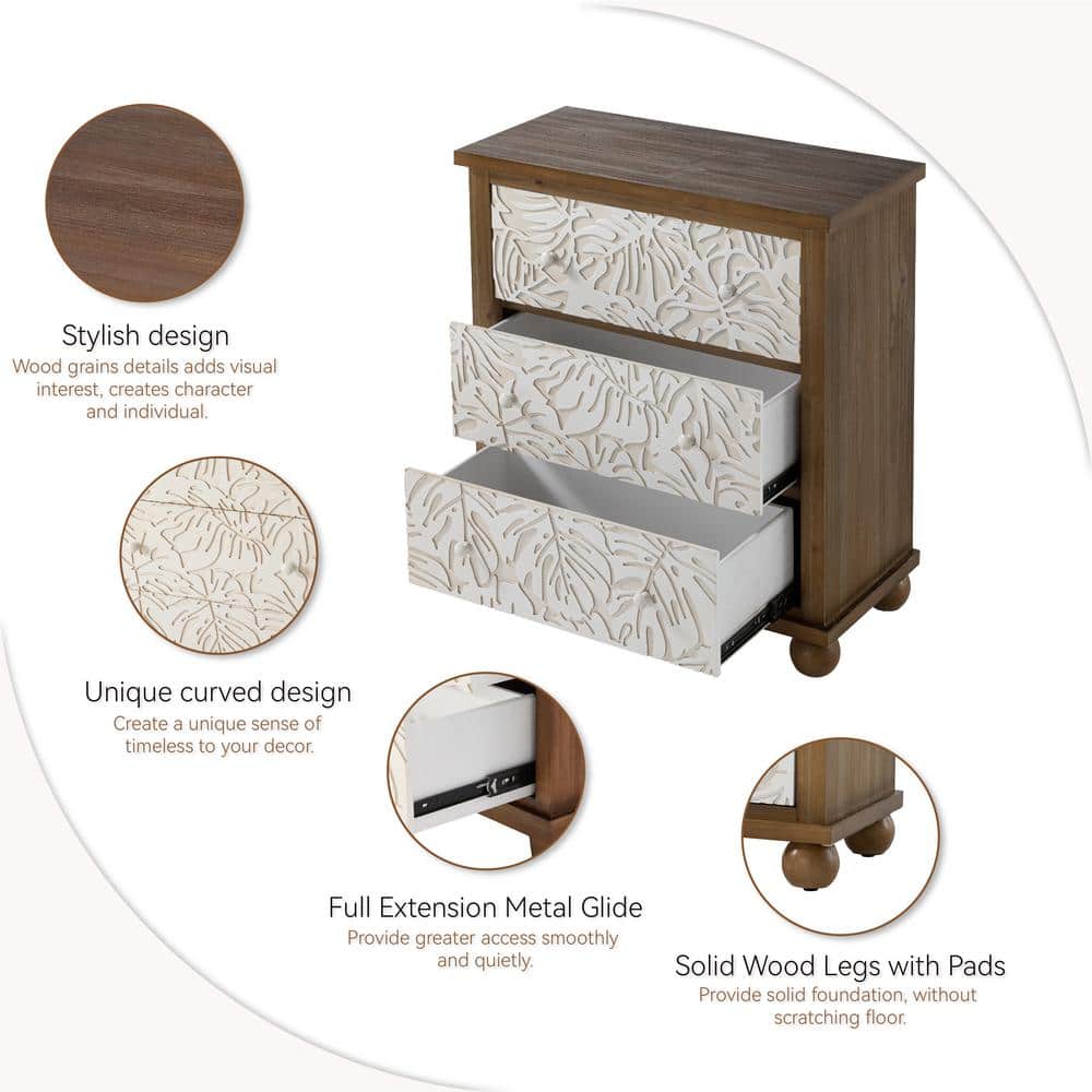 Rustic Farmhouse White and Brown Fir Wood 3-Drawer Dresser