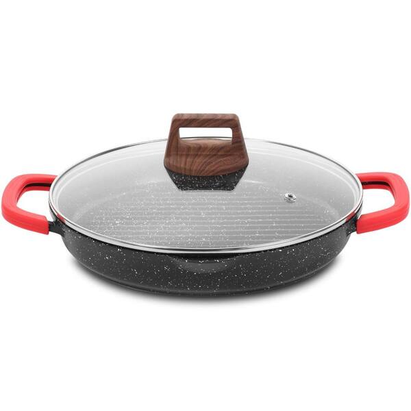 Nonstick Round Grill Pan with Lid and Tongs for Stove Tops, 11 in, PTFE and PFOA Free, Pour Spouts, Indoor