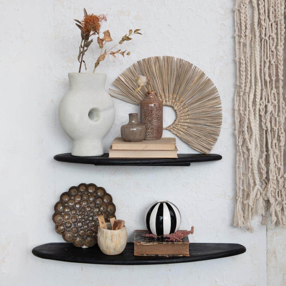 24'' Black Iron and Wood Floating Wall Shelves, Set of 2