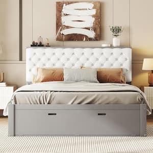 Button-Tufted Gray Wood Frame Queen Linen Upholstered Platform Bed with 4-Drawer, 2-Layer Shoe Racks, Hidden Storage
