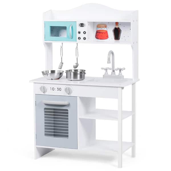 Costway Contemporary Solid Wood Kids Kitchen Playset with Pots and Pans in White