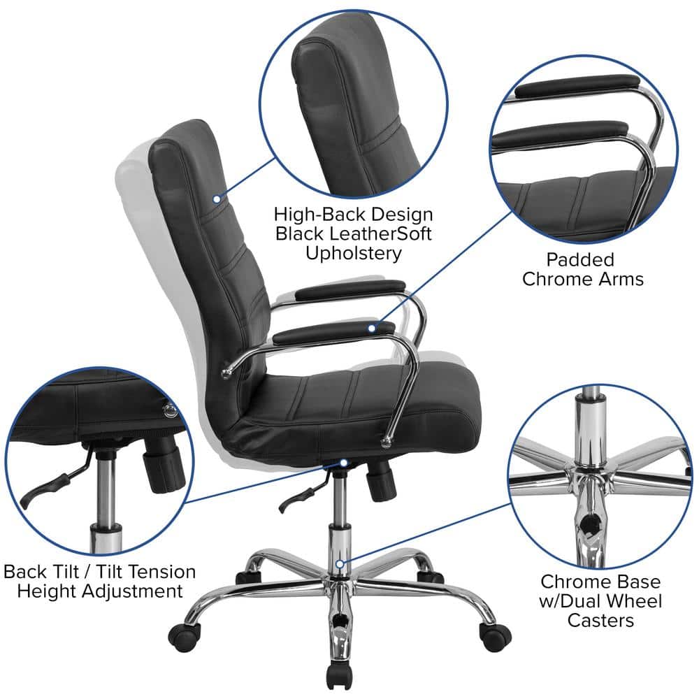 Elegant Black LeatherSoft High-Back Executive Swivel Chair with Metal Frame