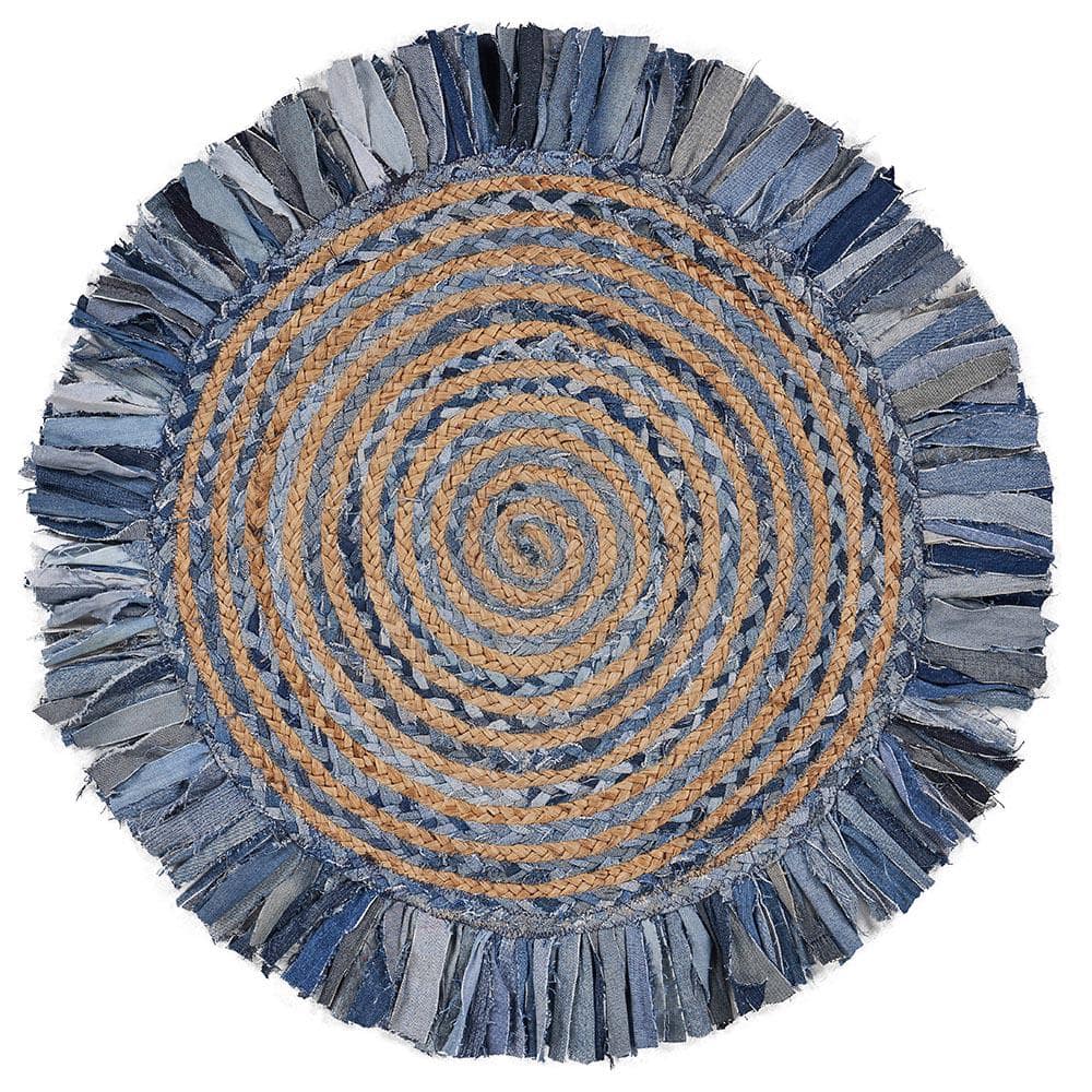 Amelia Casual Denim Blue 3 ft. 6 in. Round Swirl Fringed Braided Organic Ju