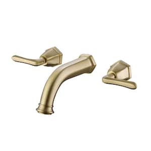 Double-Handle Wall-Mount Roman Tub Faucet 3-Hole Brass Bathtub Fillers in Brushed Gold