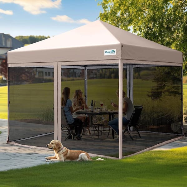 8 ft. x 8 ft. Pop up Screened Canopy Tent with Mosquito Netting, Portable for Camping Includes Wheeled Carry Bag (Tan)