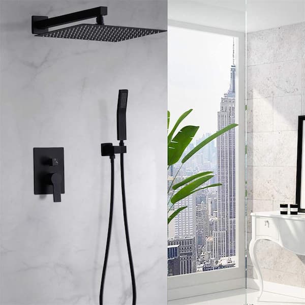 12 in. Matte Black Dual 2 Flow Rate Stainless Steel Bathroom Rain Shower Combo Set with Hand Shower, Matte Black