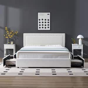 Platform Bed Frame White Metal Frame Queen Size Platform Bed with 4-Storage Drawers, Upholstered Bed with Headboard
