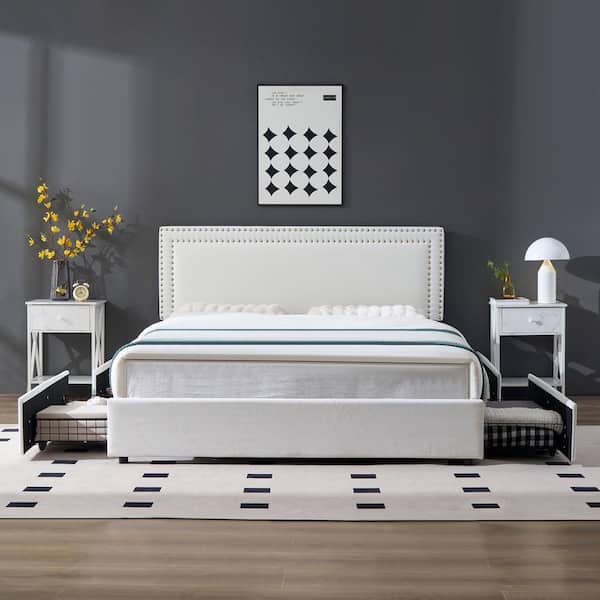 VECELO Platform Bed Frame White Metal Frame Queen Size Platform Bed with 4-Storage Drawers, Upholstered Bed with Headboard