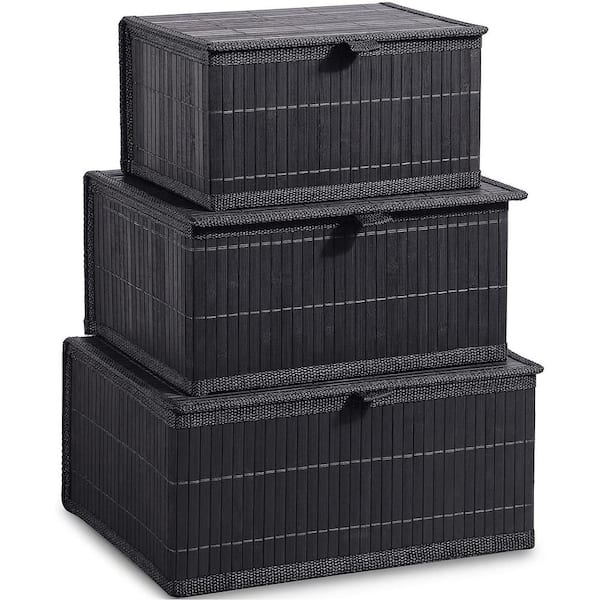 Unbranded Black 13 in. x 6.1 in. Bamboo Decorative Basket Set of 3 with Lid