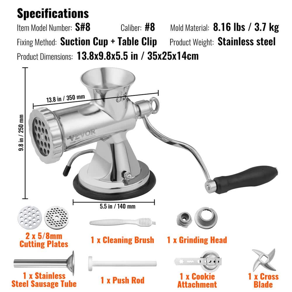 VEVOR Stainless Steel Manual Meat Grinder with Suction Cup and Table Clamp