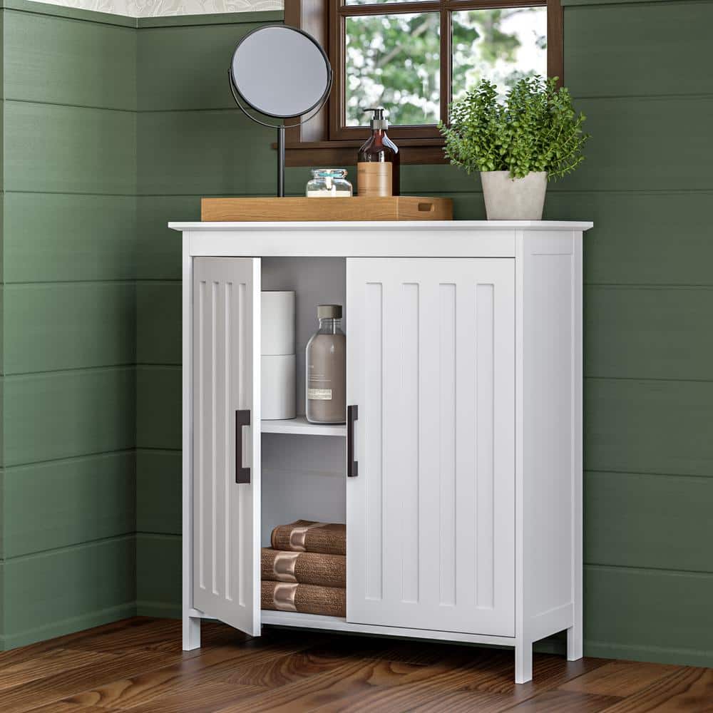 White MDF Storage Cabinet with Adjustable Shelves and Black Handles