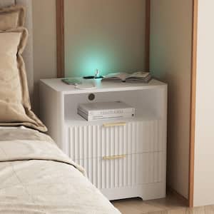 23.6 in. W White Rectangle MDF End Table/Nightstand with Charging Station Voice Controlled Night Light