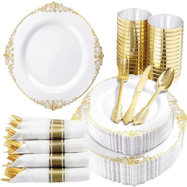 350-Piece Gold Plastic Dinnerware Set Service for 50, 100 Disposable Plates, 150 Silverware, 50 Cups, 50 Napkins