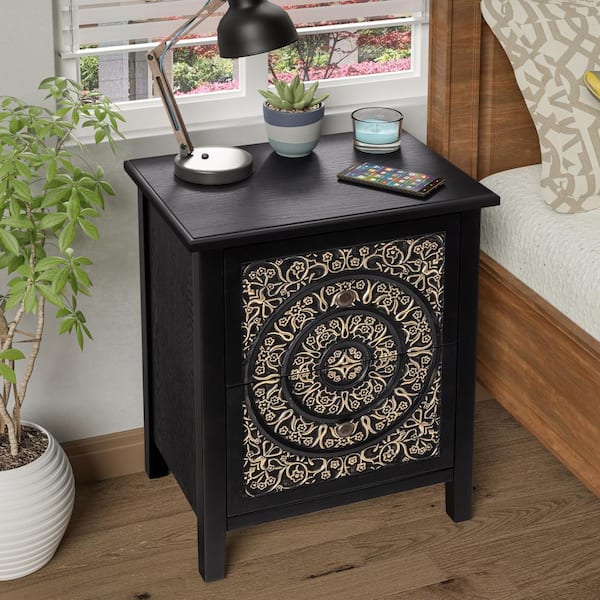 FUIN Mid-Century Fully Assembled 2-Drawer Nightstand in Black