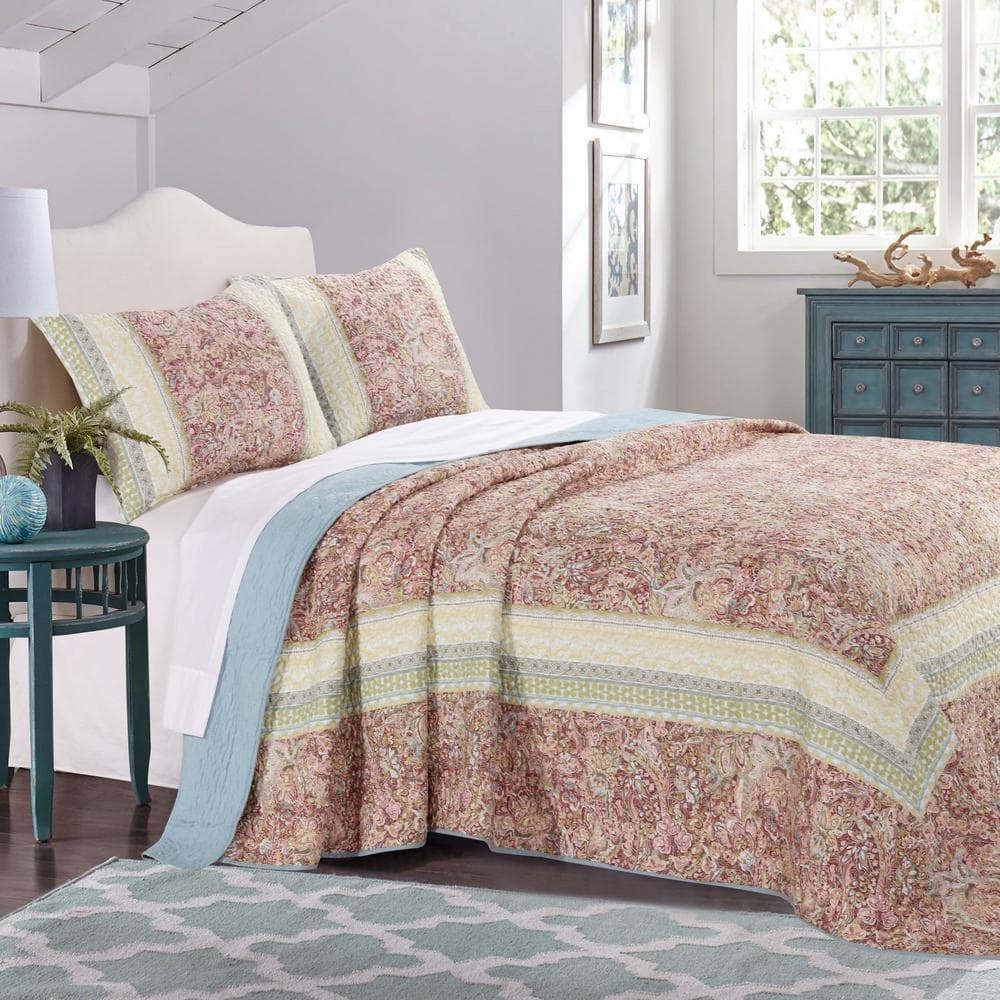 Queen Blue Microfiber Reversible Bedspread Set with Trim