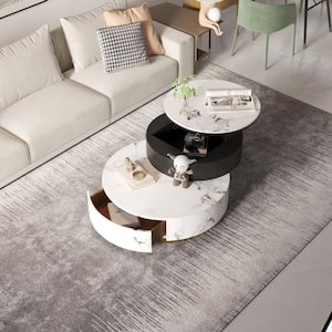 35 in. White/Black Round Sintered Stone Top Coffee Table Set with Nesting Table