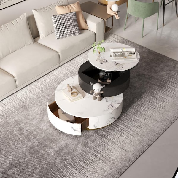 J&E Home 35 in. White/Black Round Sintered Stone Top Coffee Table Set with Nesting Table