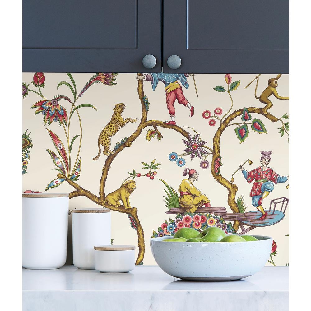 White Chinoise Exotique Multicolor Self-Adhesive Vinyl Wallpaper