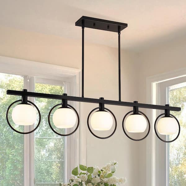 Magic Home 41.73 in. 5-Light Black Chandelier with White Glass Globe Shade for Kitchen, Living Room (No Bulbs Included)