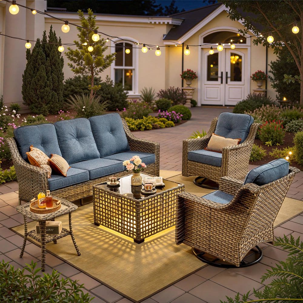 Palffy Gray 5-Piece Wicker Patio Conversation Seating Set with Denim Blue Cushions and Solar LED Coffee Table price history on PriceWatchPro