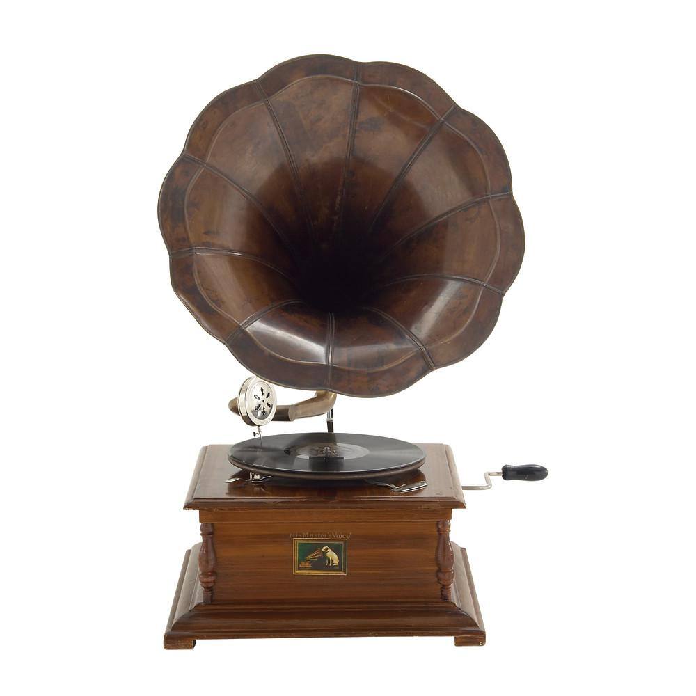 Vintage Brown Wood and Metal Gramophone with Record