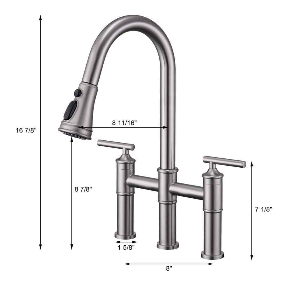 Brushed Nickel Double Handle Bridge Faucet with Pull-Down Sprayer