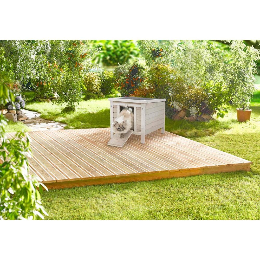 Light Gray Pine Wood Outdoor Cat House with Hinged Roof