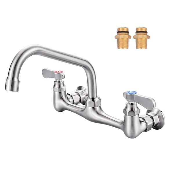 Double Handle Wall Mounted Commercial Standard Kitchen Faucet with 8 in. Swivel Spout and Supply Lines in Brushed Nickel