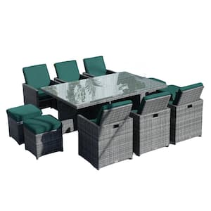 Rainbow Grey 11-Piece Wicker Rectangle Outdoor Dining Set with Dark Green Cushions