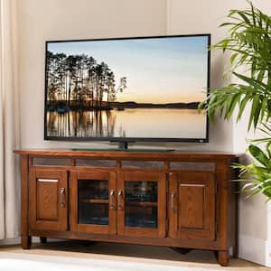 Rustic Oak 56 in. Corner TV Console Fits TVs up to 62 in. with Shelves and Cabinets