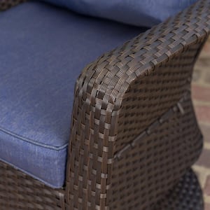Dark Brown Iron-Framed Faux Rattan Outdoor Lounge Chairs with Navy Blue Cushion (2-Pack)