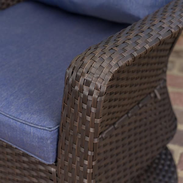 Dark Brown Iron-Framed Faux Rattan Outdoor Patio Lounge Chairs with Navy Blue Cushion (2-Pack)