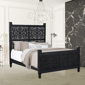 Bernadette Black Wood Frame Queen Panel Bed with Solid Wood Carved