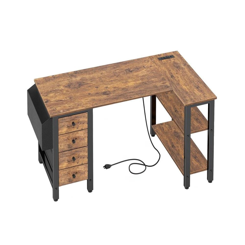 47.2 in. W Brown L Shaped Metal Computer Desk with Power Outlet