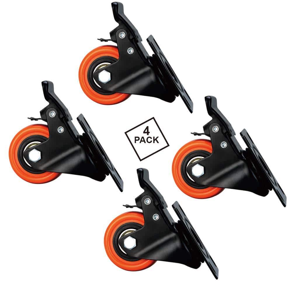 2" Orange Polyurethane Heavy Duty Caster Wheels with Brake, Set of 4