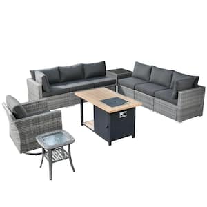 Messi Gray 10-Piece Wicker Outdoor Fire Pit Patio Conversation Sectional Sofa Set with a Swivel Chair and Black Cushions