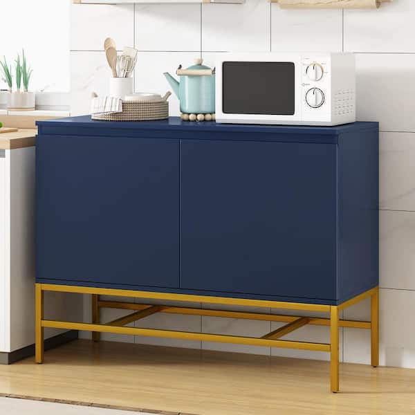 Harper & Bright Designs Navy Minimalist Wood 39.4 in. Sideboard with Adjustable Shelves and Gold Metal Legs