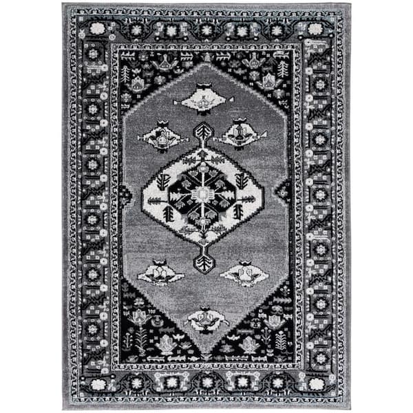 Vintage Hamadan 9 ft. x 12 ft. Gray/Black Medallion Ornate Border Area Rug